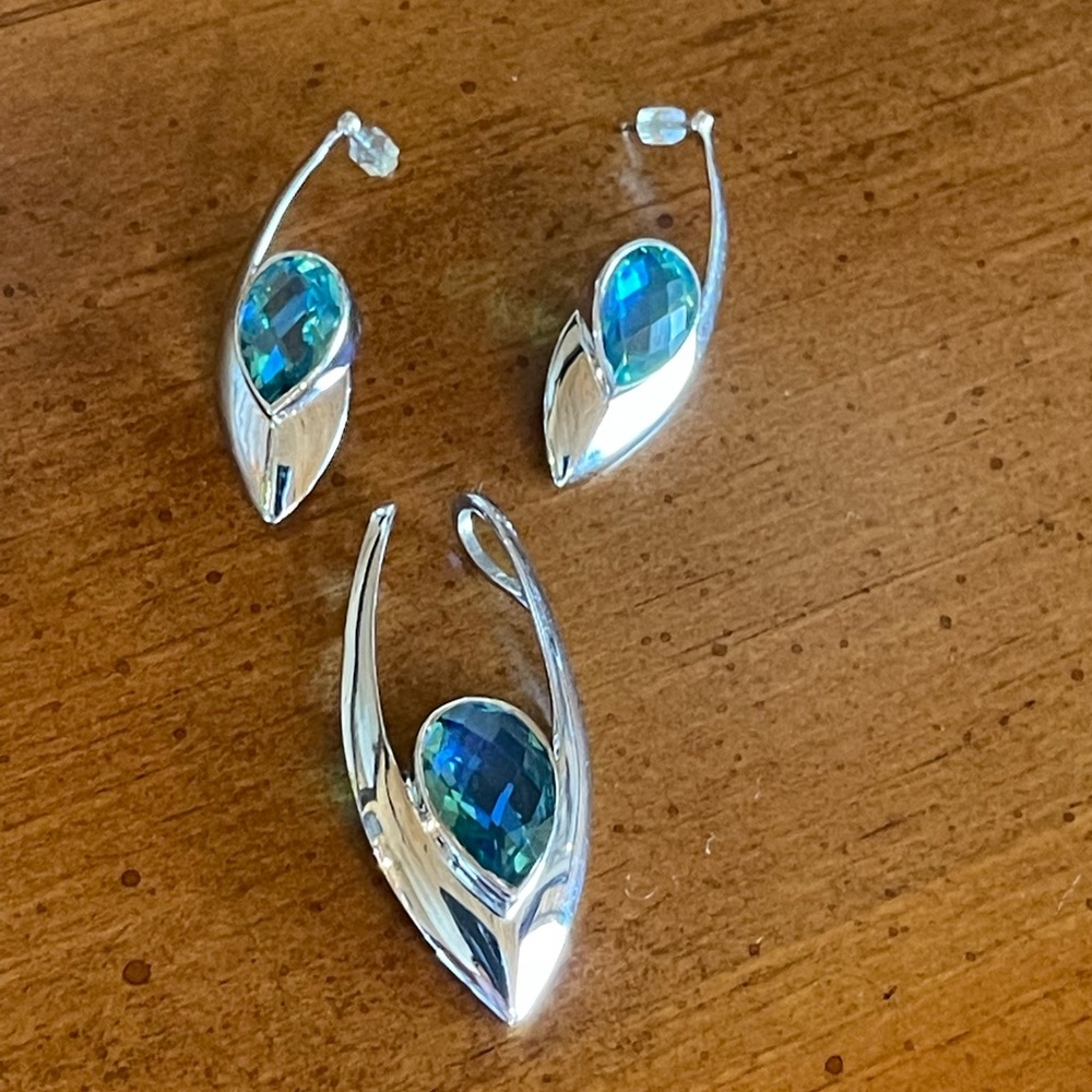 Stunning! Caribbean Blue Green Quartz Pendant & Earrings Set Sterling Silver - Picture 10 of 14